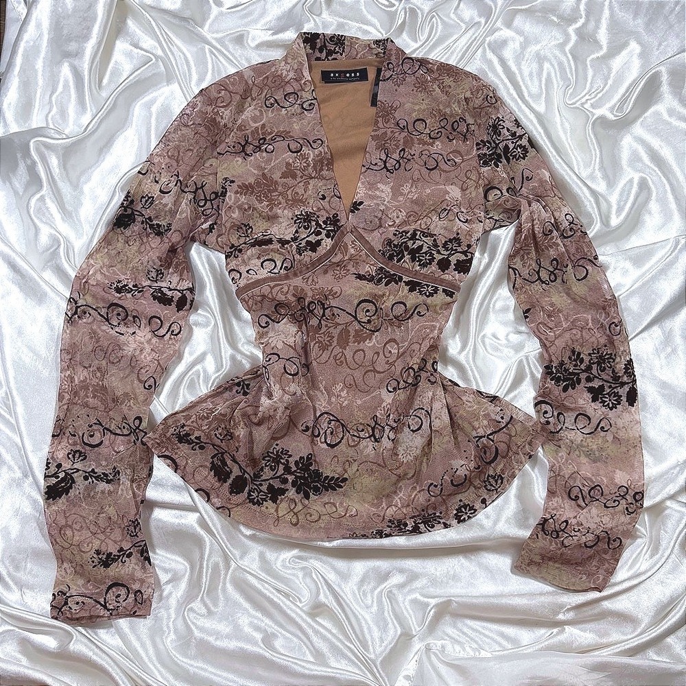 y2k Axcess Mesh Top Brown Excellent Flocked Floral Empire Waist Blouse